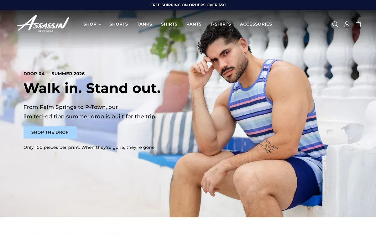 Assassin Menswear storefront, desktop