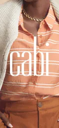 Cabi campaign photography — the wordmark over a model in a striped shirt and rust trousers