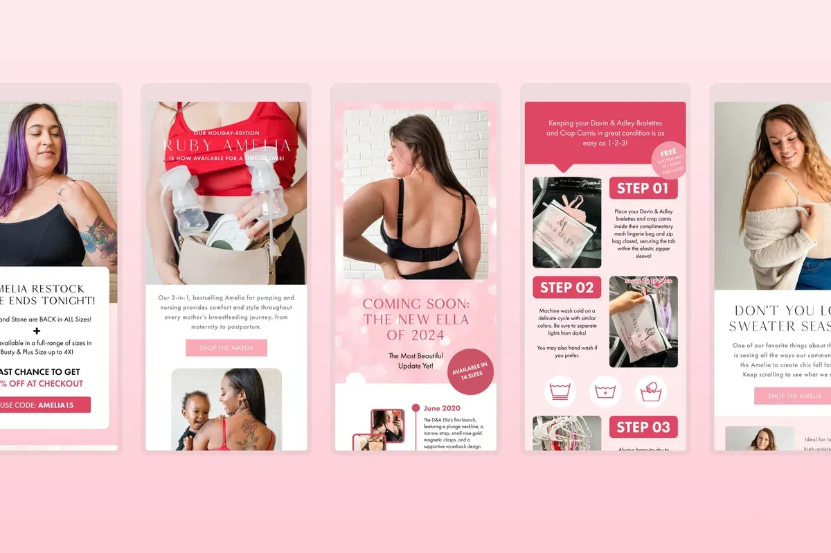 Five Davin & Adley campaign emails: an Amelia restock, the holiday-edition Ruby Amelia, the 2024 Ella launch reveal, a three-step care guide, and a sweater-season styling note