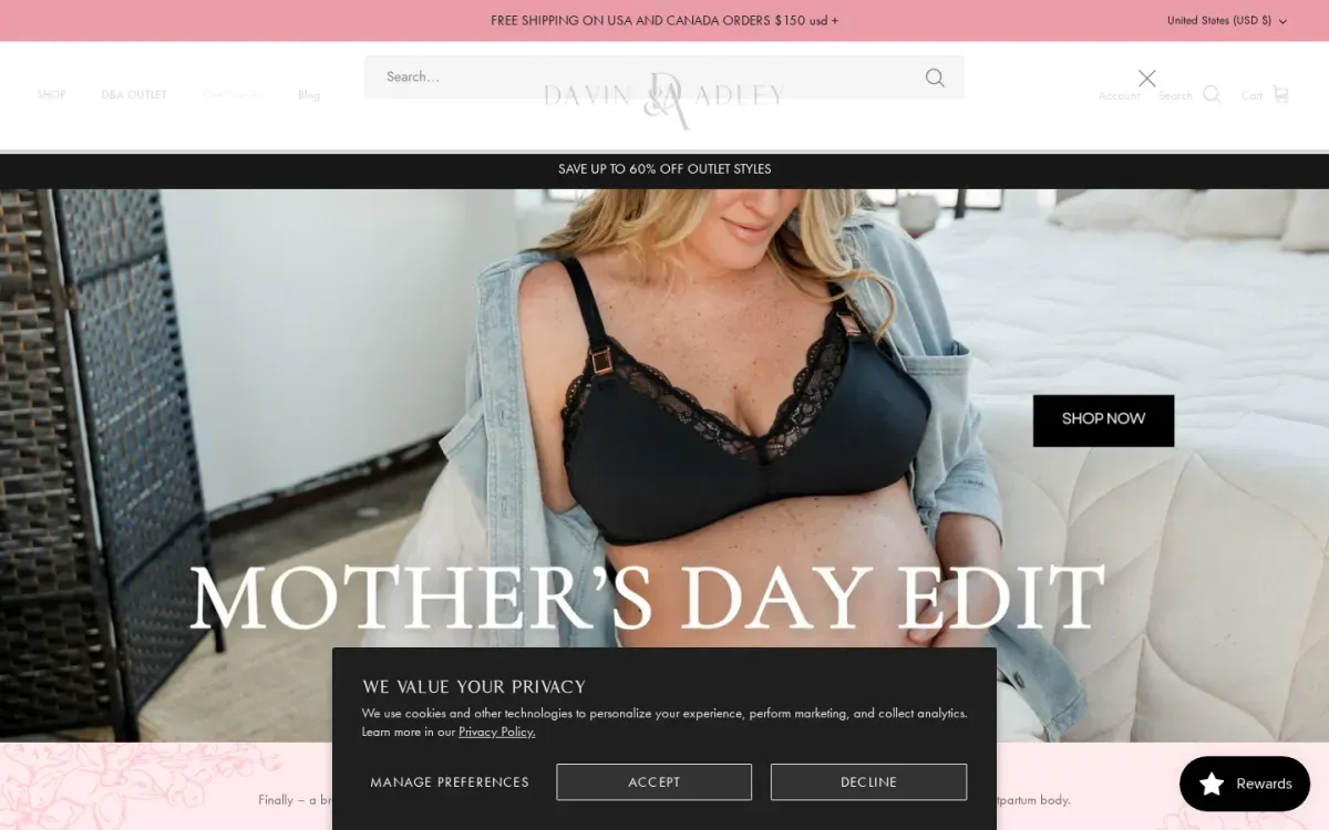 Davin & Adley storefront, desktop