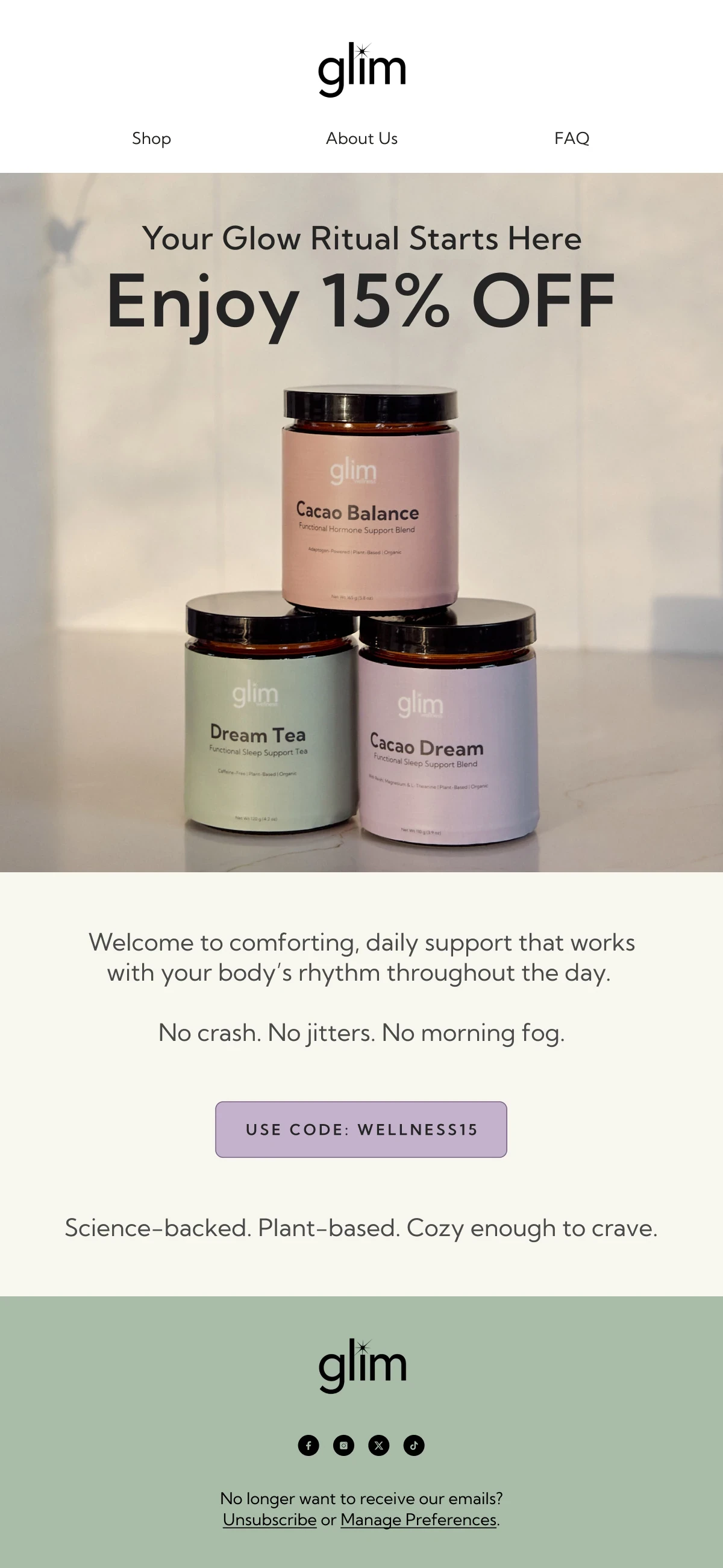 Glim Wellness campaign email — 15% off promotion