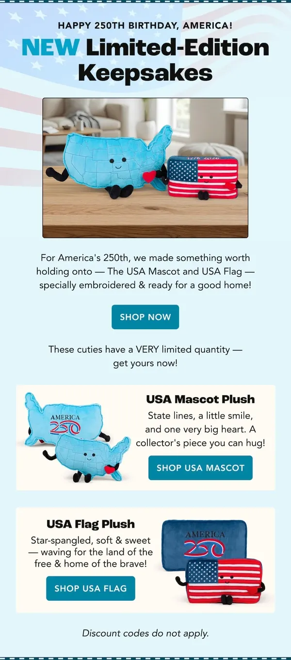 Stuffed States campaign email introducing limited-edition USA keepsakes