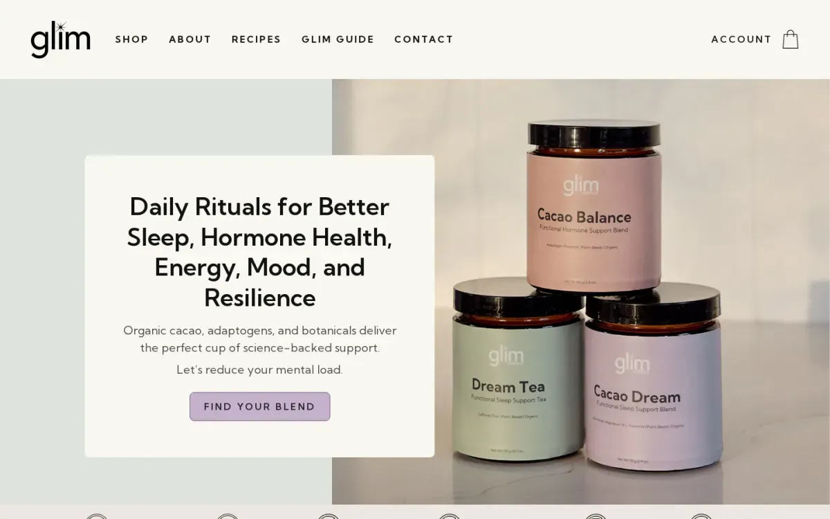 Glim Wellness storefront, desktop