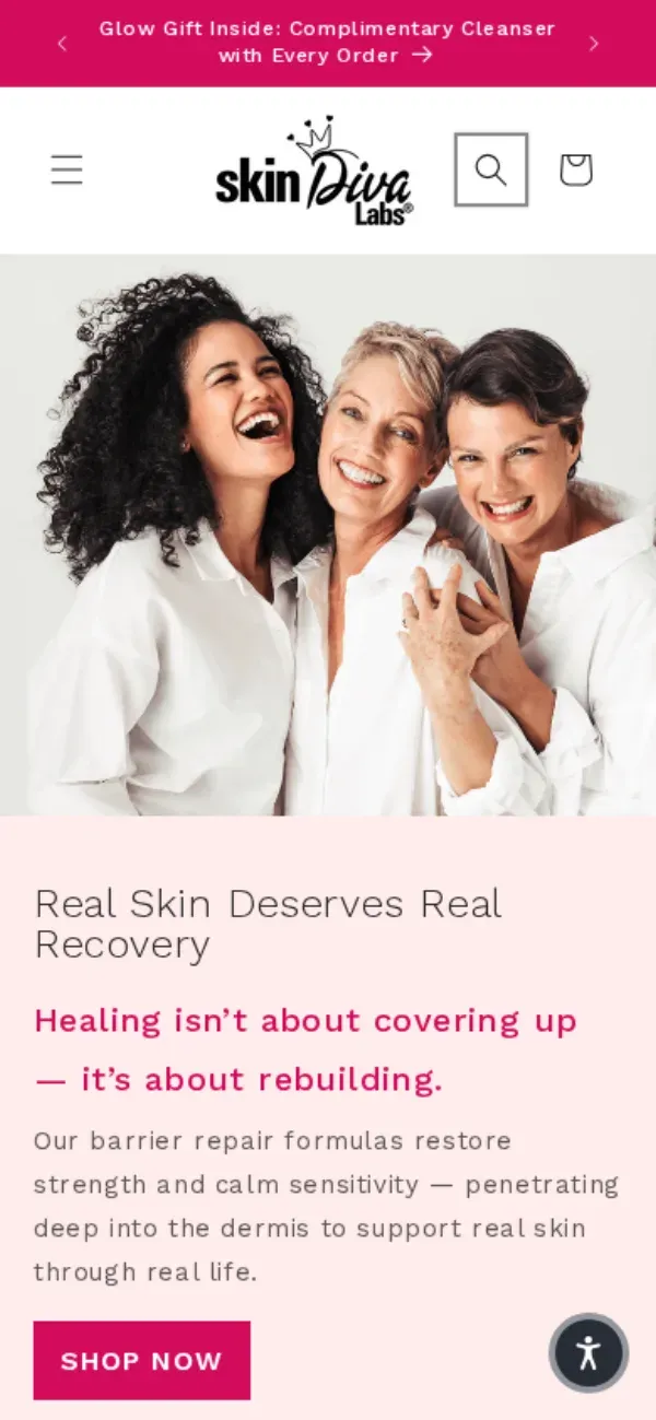 Skin Diva Labs storefront, mobile