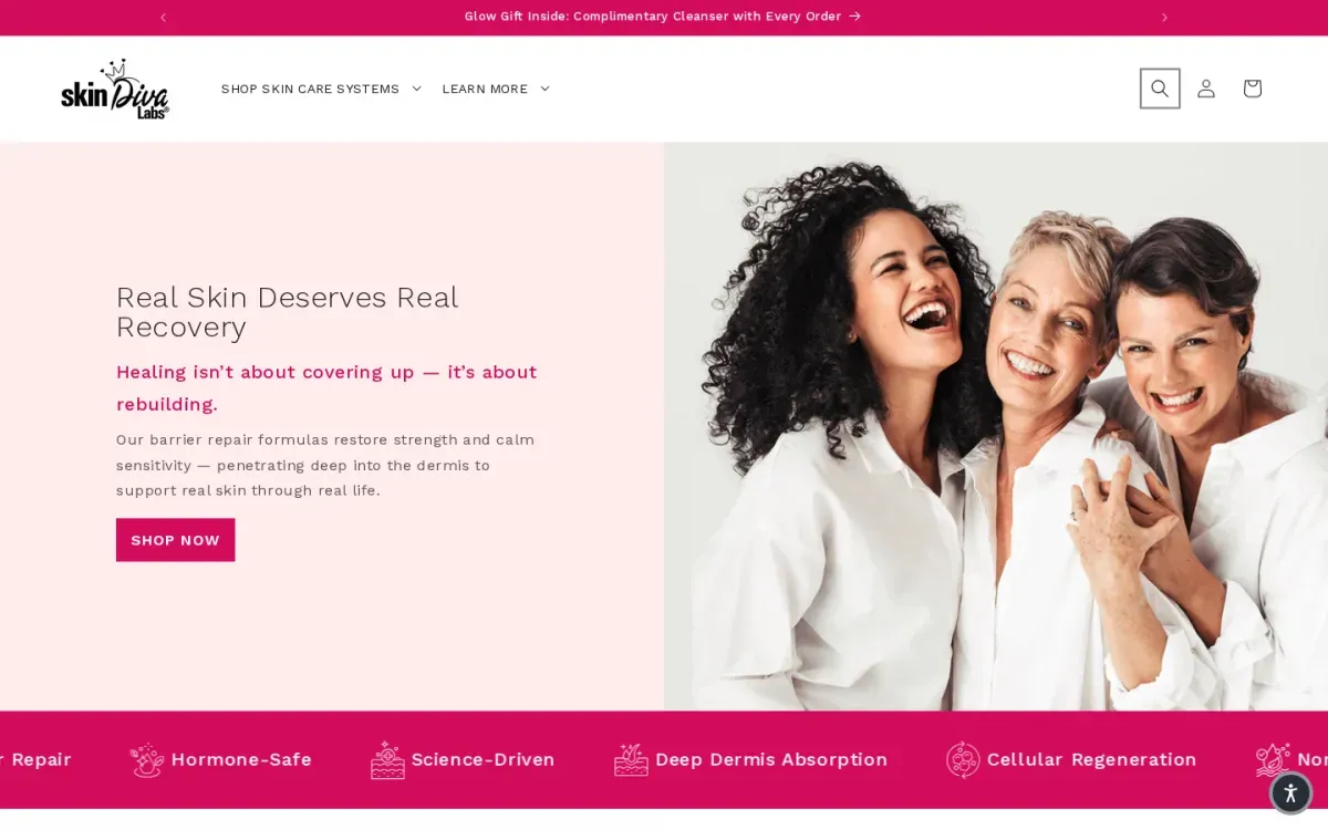 Skin Diva Labs storefront, desktop