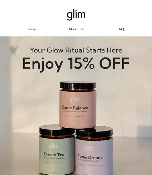 Campaign email design for Glim Wellness — 15% off promotion