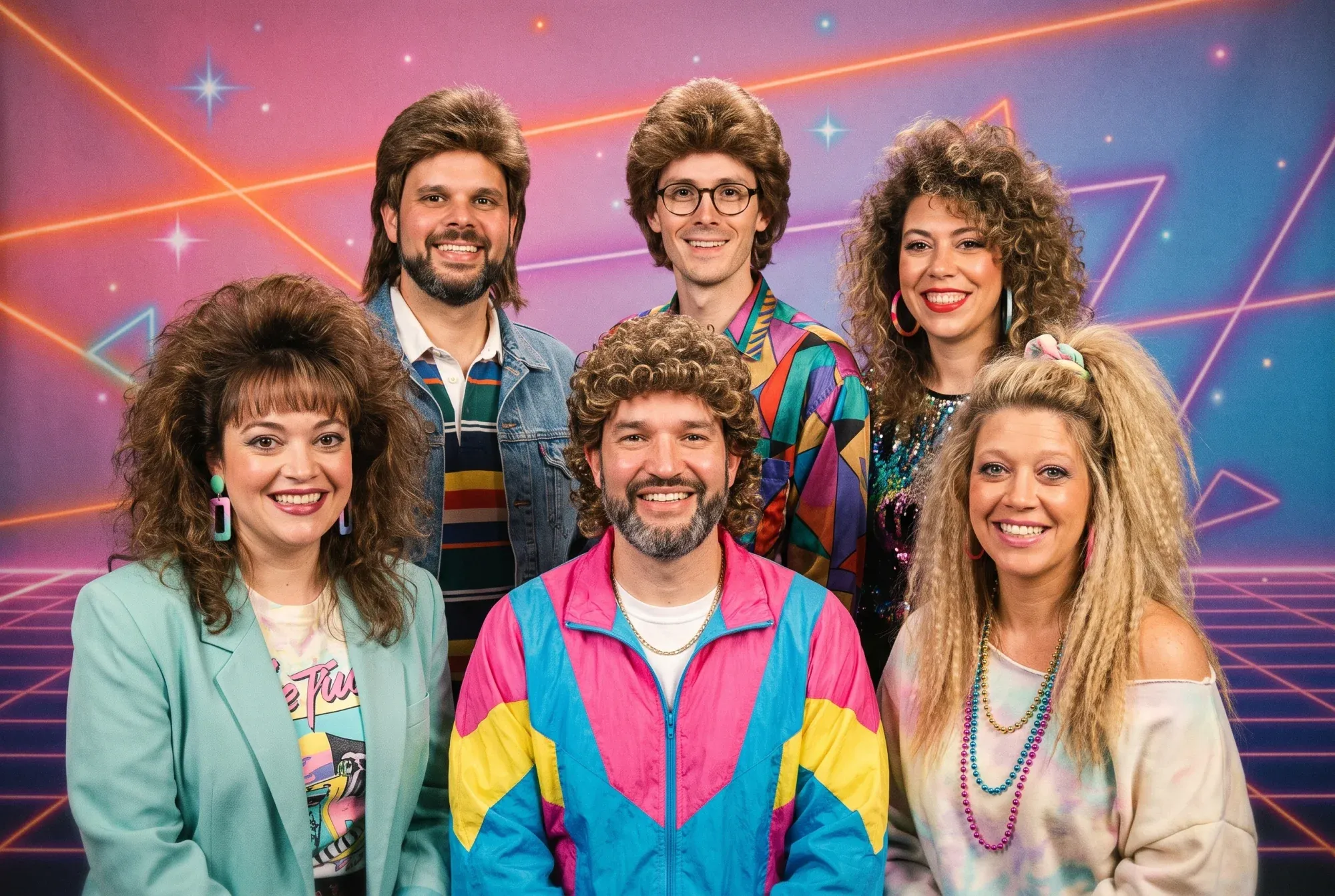 The Golden Digital team in full 1980s glory — big hair, neon, and gold chains