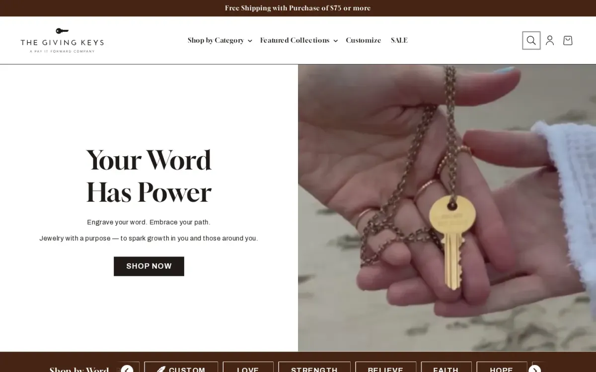 The Giving Keys storefront, desktop