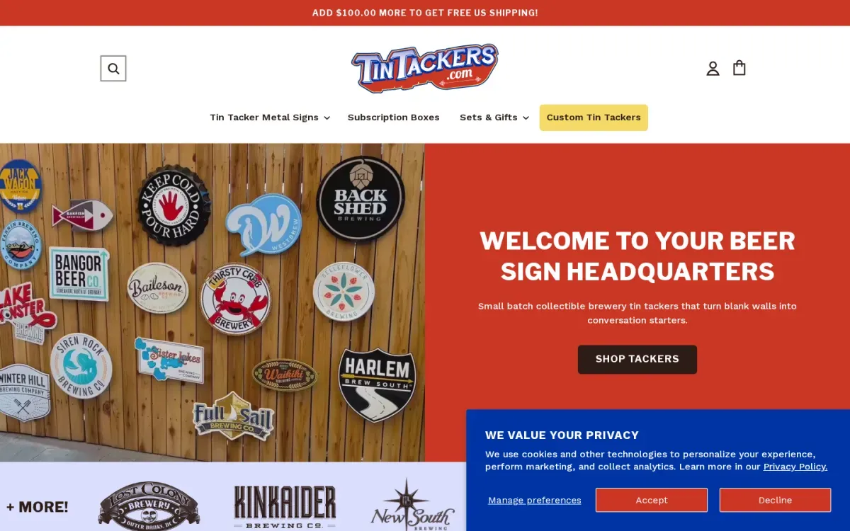 Tin Tackers storefront, desktop